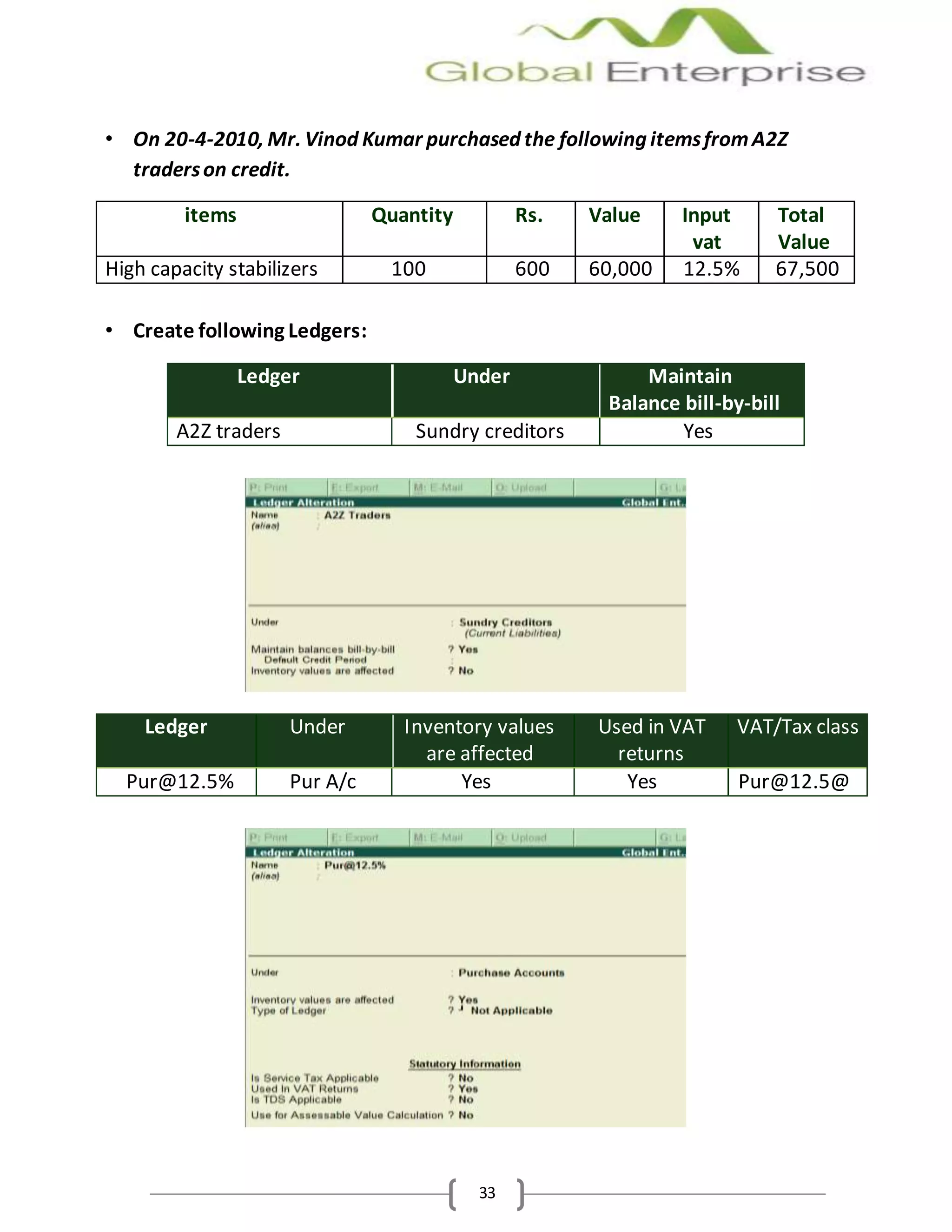 33
• On 20-4-2010, Mr. Vinod Kumar purchased the following itemsfromA2Z
traderson credit.
items Quantity Rs. Value Input
vat
Total
Value
High capacity stabilizers 100 600 60,000 12.5% 67,500
• Create following Ledgers:
Ledger Under Maintain
Balance bill-by-bill
A2Z traders Sundry creditors Yes
Ledger Under Inventory values
are affected
Used in VAT
returns
VAT/Tax class
Pur@12.5% Pur A/c Yes Yes Pur@12.5@
 