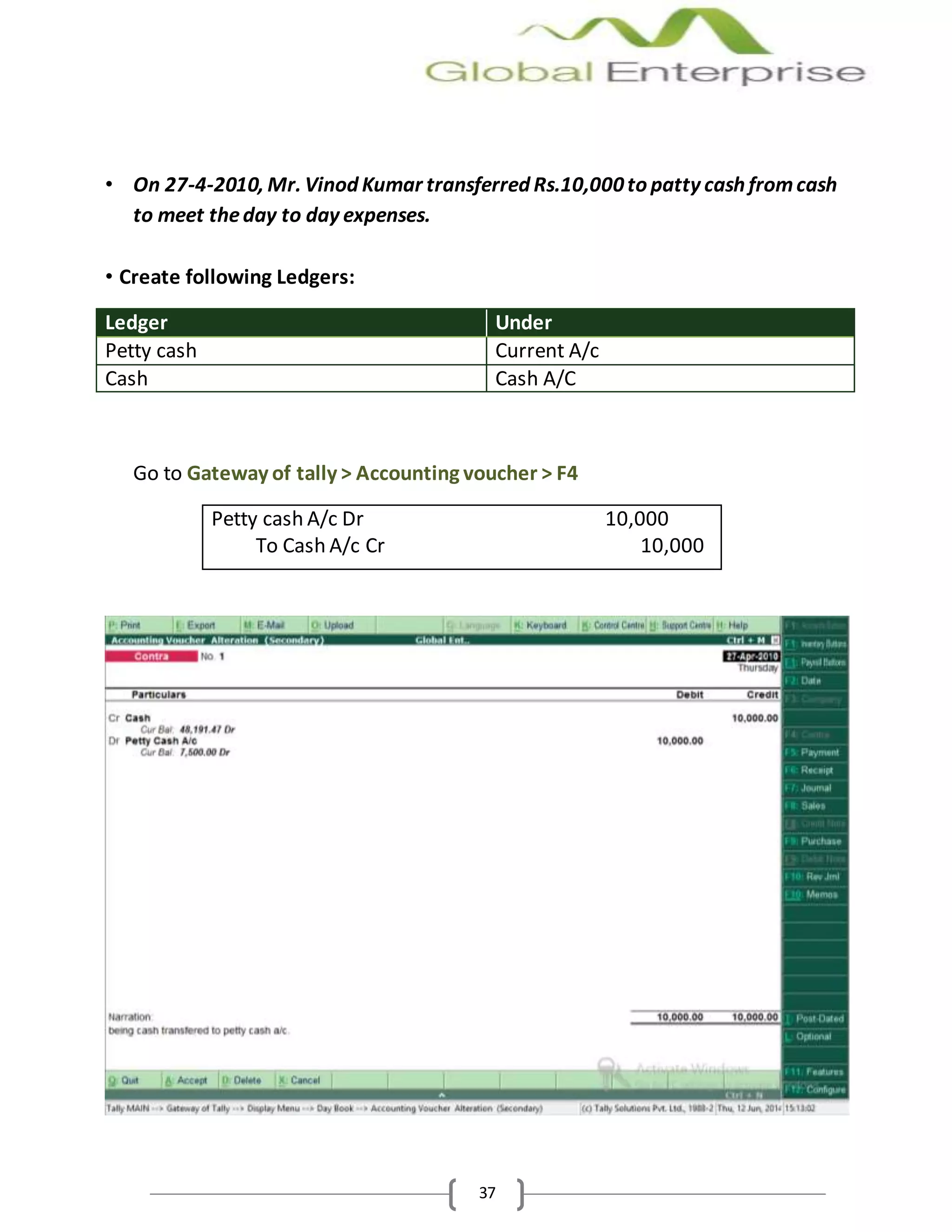 37
• On 27-4-2010, Mr. Vinod Kumar transferred Rs.10,000to patty cash fromcash
to meet theday to day expenses.
• Create following Ledgers:
Ledger Under
Petty cash Current A/c
Cash Cash A/C
Go to Gateway of tally > Accounting voucher > F4
Petty cash A/c Dr 10,000
To Cash A/c Cr 10,000
 