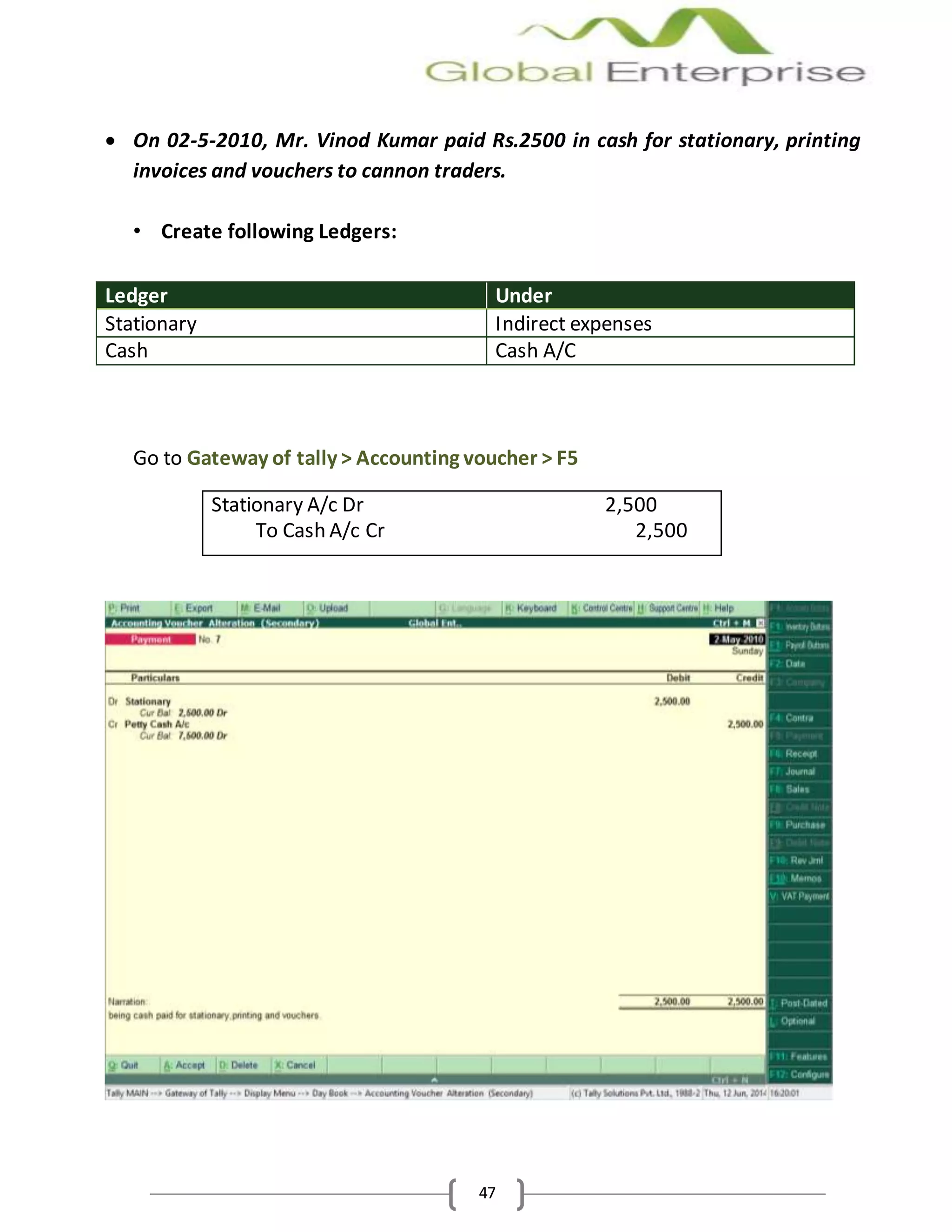 47
 On 02-5-2010, Mr. Vinod Kumar paid Rs.2500 in cash for stationary, printing
invoices and vouchers to cannon traders.
• Create following Ledgers:
Ledger Under
Stationary Indirect expenses
Cash Cash A/C
Go to Gateway of tally > Accounting voucher > F5
Stationary A/c Dr 2,500
To Cash A/c Cr 2,500
 