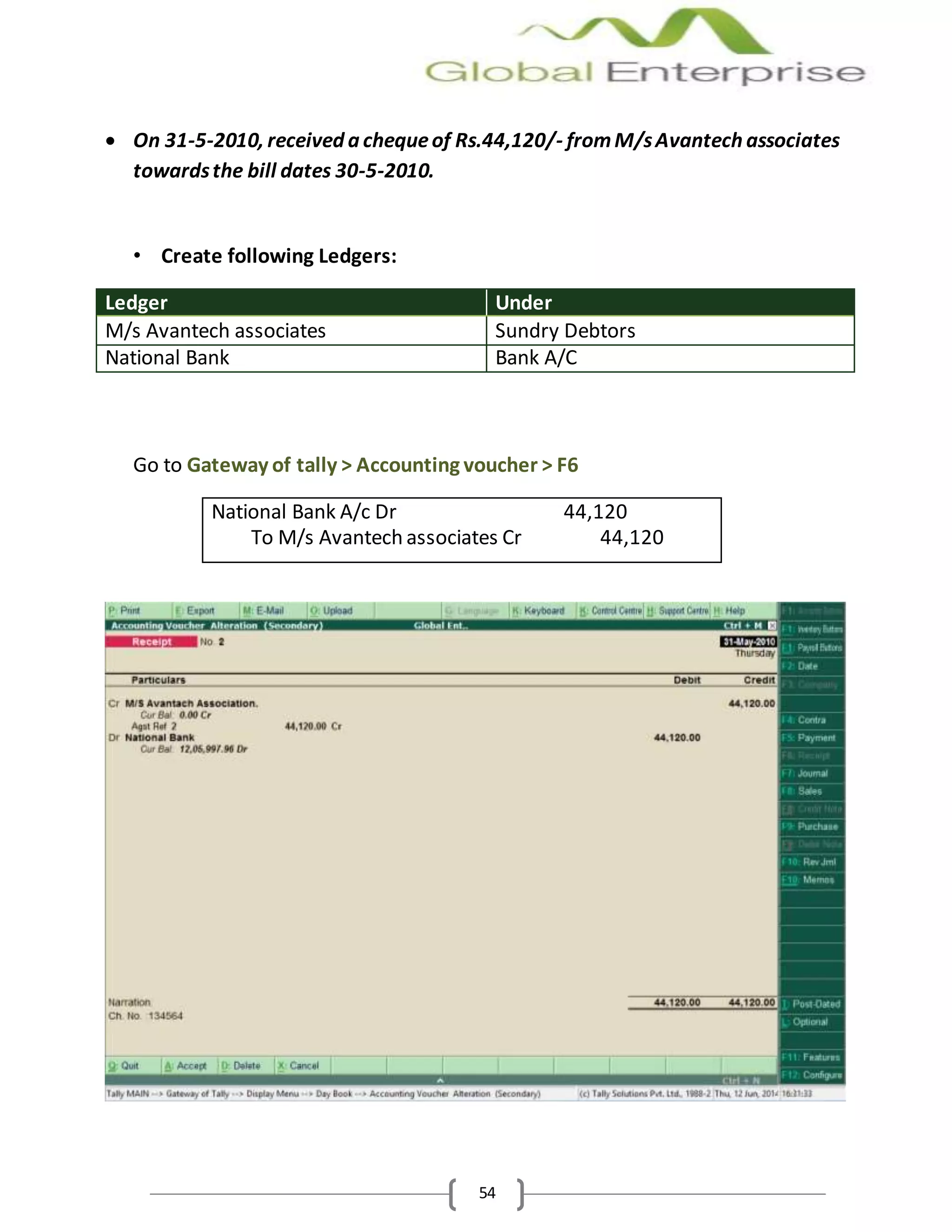 54
 On 31-5-2010, received a chequeof Rs.44,120/- fromM/sAvantech associates
towardsthe bill dates 30-5-2010.
• Create following Ledgers:
Ledger Under
M/s Avantech associates Sundry Debtors
National Bank Bank A/C
Go to Gateway of tally > Accounting voucher > F6
National Bank A/c Dr 44,120
To M/s Avantech associates Cr 44,120
 