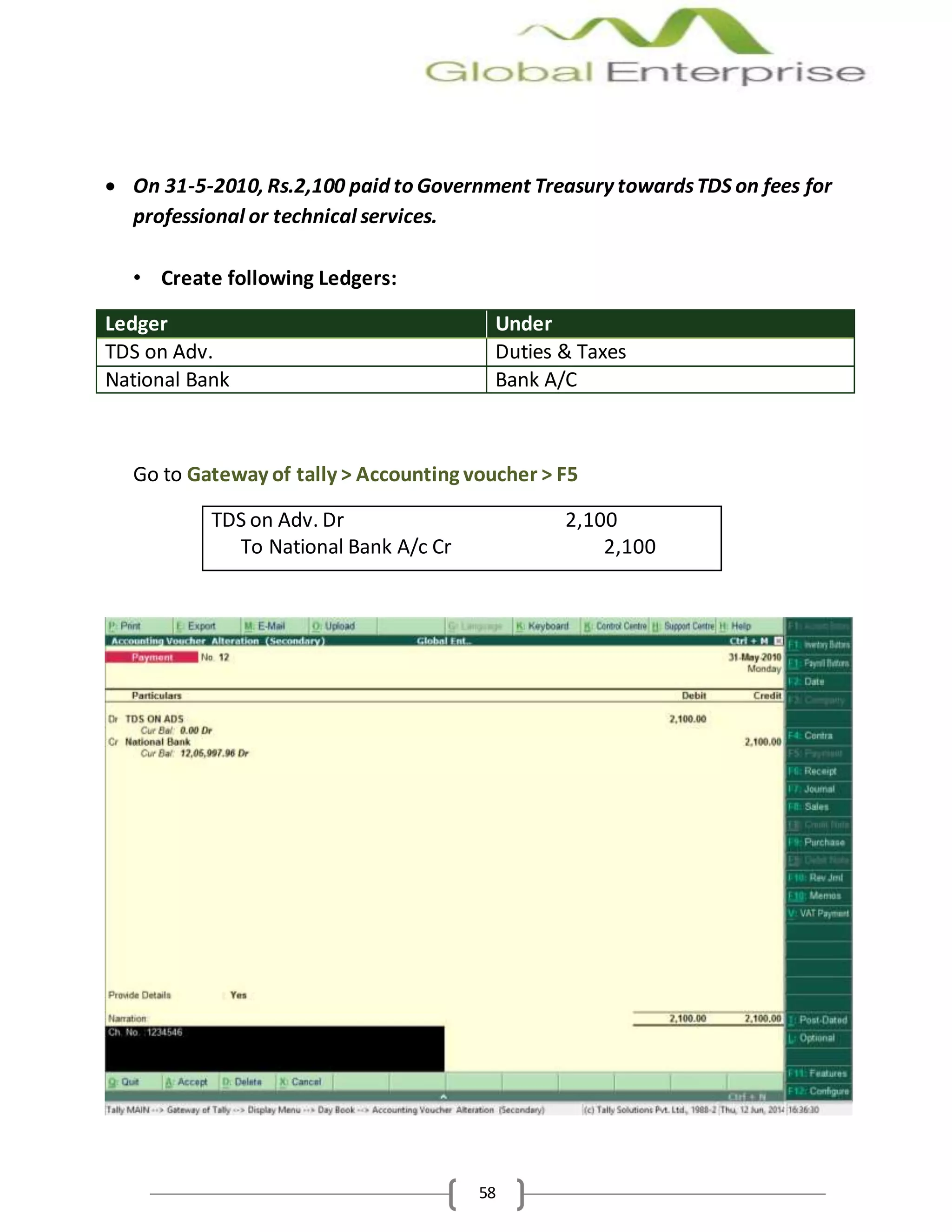 58
 On 31-5-2010, Rs.2,100 paid to Government Treasury towardsTDS on fees for
professional or technical services.
• Create following Ledgers:
Ledger Under
TDS on Adv. Duties & Taxes
National Bank Bank A/C
Go to Gateway of tally > Accounting voucher > F5
TDS on Adv. Dr 2,100
To National Bank A/c Cr 2,100
 