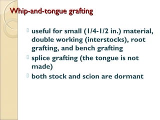 Whip-and-tongue grafting

     useful for small (1/4-1/2 in.) material,
      double working (interstocks), root
      grafting, and bench grafting
     splice grafting (the tongue is not
      made)
     both stock and scion are dormant
 