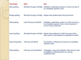 Technique           Date                        Use
Bark grafting       Mid-April through mid-May Establish a pollinating variety on a limb of a tree or
                                              to completely topwork a tree.



Bridge grafting     Mid-April through mid-May Repair trees girdled above the ground line.



Cleft grafting      Late February and March     Establish a pollinating variety on a limb of a tree or
                                                to completely topwork a tree. Limbs should be 1
                                                inch or more in diameter.



Inarch grafting     Mid-April through mid-May Repair trees girdled at or below the ground line.
                                              Also used if a root disease is suspected or feared.



Saw-kerf grafting   February and March          On peaches, nectarines and plums to completely
                                                topwork a tree.



Whip grafting       February and early March    Propagate 1-year-old rootstocks. May also be used
                                                to establish a pollinating limb on a young,
                                                established tree.
 