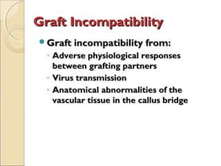 Graft Incompatibility
Graft incompatibility from:
  ◦ Adverse physiological responses
    between grafting partners
  ◦ Virus transmission
  ◦ Anatomical abnormalities of the
    vascular tissue in the callus bridge
 