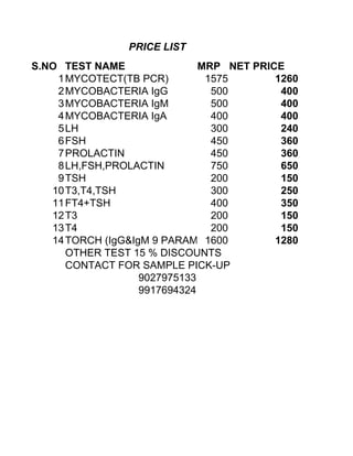 PRICE LIST   PRICE LIST
S.NO TEST NAME                MRP NET PRICE
    1 MYCOTECT(TB PCR)         1575       1260
    2 MYCOBACTERIA IgG          500        400
    3 MYCOBACTERIA IgM          500        400
    4 MYCOBACTERIA IgA          400        400
    5 LH                        300        240
    6 FSH                       450        360
    7 PROLACTIN                 450        360
    8 LH,FSH,PROLACTIN          750        650
    9 TSH                       200        150
   10 T3,T4,TSH                 300        250
   11 FT4+TSH                   400        350
   12 T3                        200        150
   13 T4                        200        150
   14 TORCH (IgG&IgM 9 PARAMITER
                               1600       1280
      OTHER TEST 15 % DISCOUNTS
      CONTACT FOR SAMPLE PICK-UP
                   9027975133
                   9917694324
 
