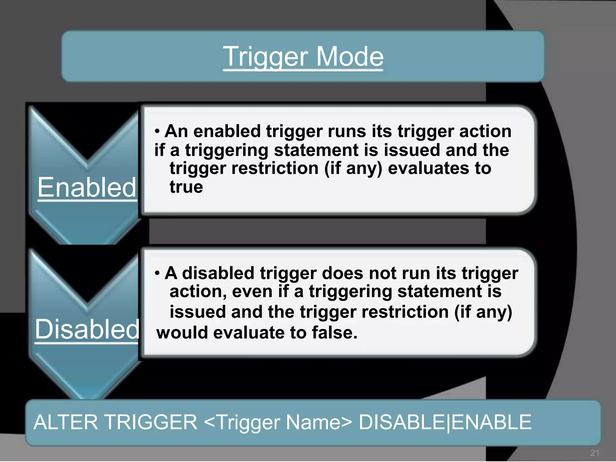 Trigger Mode

Enabled

• An enabled trigger runs its trigger action
if a triggering statement is issued and the
trigger restriction (if any) evaluates to
true

Disabled

• A disabled trigger does not run its trigger
action, even if a triggering statement is
issued and the trigger restriction (if any)
would evaluate to false.

ALTER TRIGGER <Trigger Name> DISABLE|ENABLE
21

 