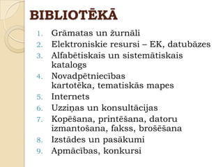 BIBLIOTĒKĀ
1.   Grāmatas un ţurnāli
2.   Elektroniskie resursi – EK, datubāzes
3.   Alfabētiskais un sistemātiskais
     katalogs
4.   Novadpētniecības
     kartotēka, tematiskās mapes
5.   Internets
6.   Uzziņas un konsultācijas
7.   Kopēšana, printēšana, datoru
     izmantošana, fakss, brošēšana
8.   Izstādes un pasākumi
9.   Apmācības, konkursi
 