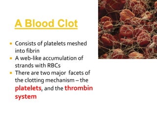  Consists of platelets meshed
into fibrin
 A web-like accumulation of
strands with RBCs
 There are two major facets of
the clotting mechanism – the
platelets, and the thrombin
system
 