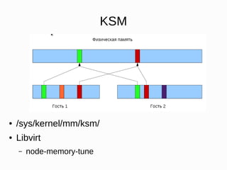 KSM
● /sys/kernel/mm/ksm/
● Libvirt
– node-memory-tune
 