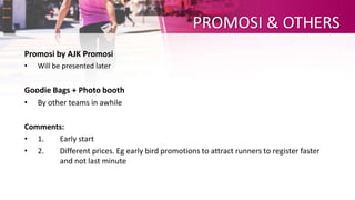 PROMOSI & OTHERS
Promosi by AJK Promosi
• Will be presented later
Goodie Bags + Photo booth
• By other teams in awhile
Comments:
• 1. Early start
• 2. Different prices. Eg early bird promotions to attract runners to register faster
and not last minute
 