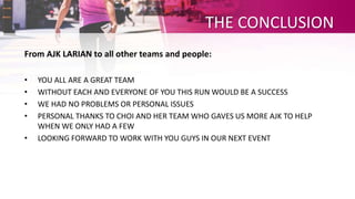 THE CONCLUSION
From AJK LARIAN to all other teams and people:
• YOU ALL ARE A GREAT TEAM
• WITHOUT EACH AND EVERYONE OF YOU THIS RUN WOULD BE A SUCCESS
• WE HAD NO PROBLEMS OR PERSONAL ISSUES
• PERSONAL THANKS TO CHOI AND HER TEAM WHO GAVES US MORE AJK TO HELP
WHEN WE ONLY HAD A FEW
• LOOKING FORWARD TO WORK WITH YOU GUYS IN OUR NEXT EVENT
 