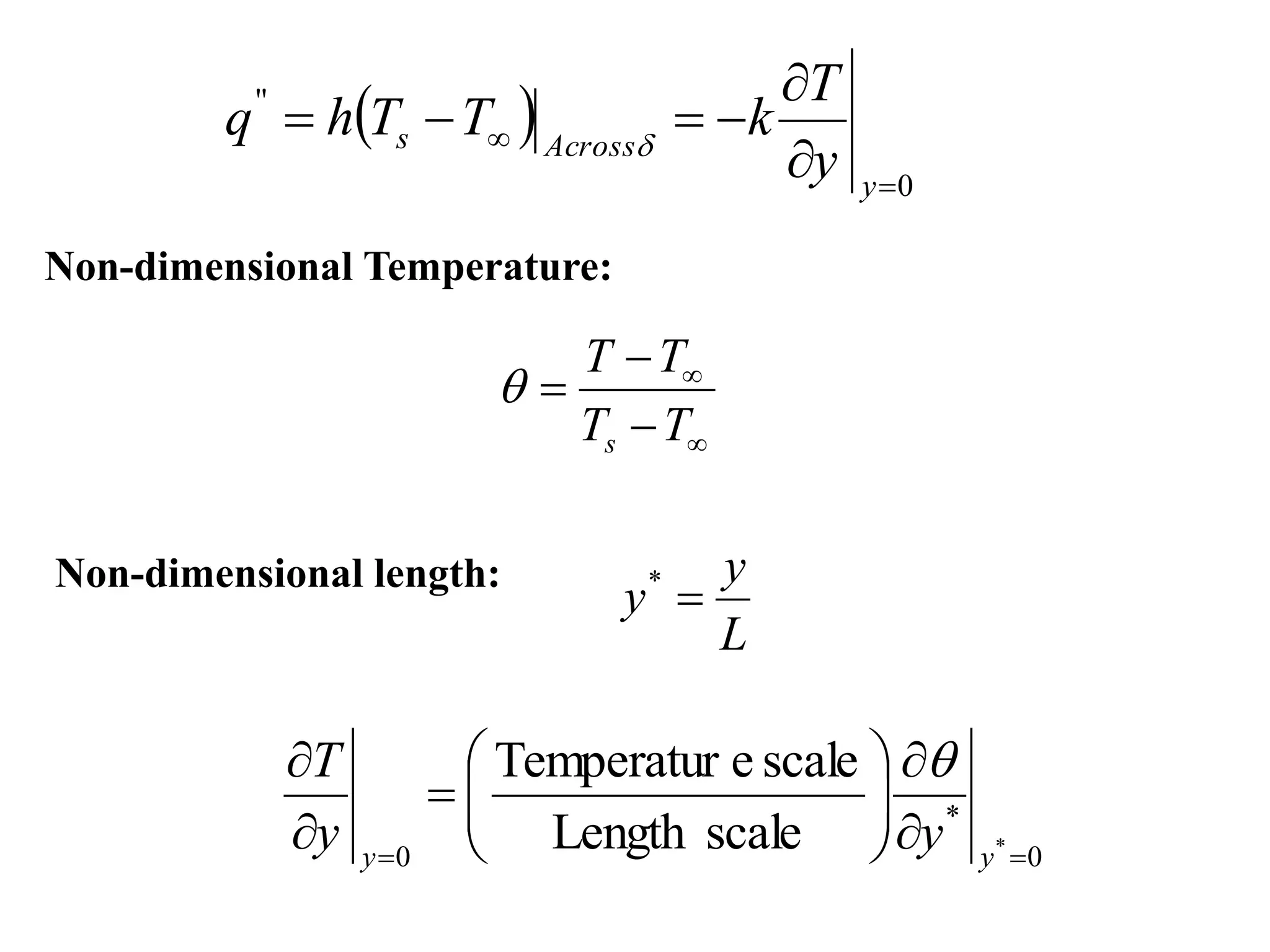  
0
'
'








y
Across
s
y
T
k
T
T
h
q 
Non-dimensional Temperature:





T
T
T
T
s

Non-dimensional length:
L
y
y 
*
0
*
0 *
scale
Length
scale
e
Temperatur















y
y
y
y
T 
 