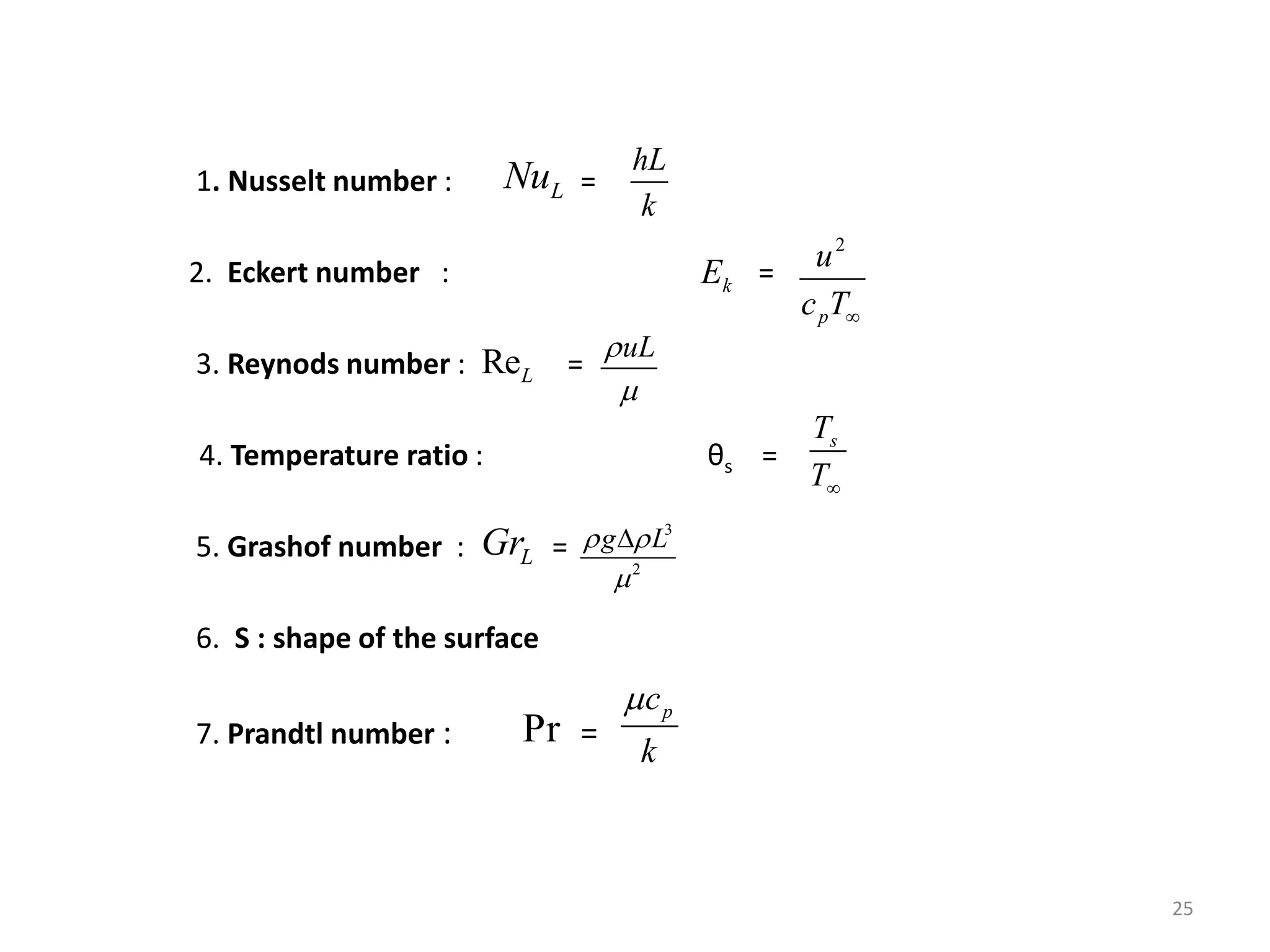 25
1. Nusselt number : =
2. Eckert number : =
3. Reynods number : =
4. Temperature ratio : θs =
5. Grashof number : =
6. S : shape of the surface
7. Prandtl number : =
hL
k
uL


3
2
g L
 


p
c
k

2
p
u
c T
s
T
T
L
Nu
ReL
L
Gr
Pr
k
E
 