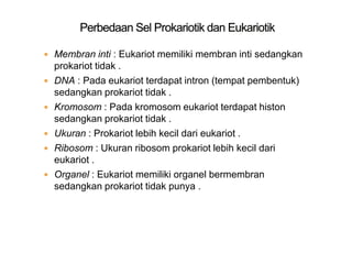  Membran inti : Eukariot memiliki membran inti sedangkan
prokariot tidak .
 DNA : Pada eukariot terdapat intron (tempat pembentuk)
sedangkan prokariot tidak .
 Kromosom : Pada kromosom eukariot terdapat histon
sedangkan prokariot tidak .
 Ukuran : Prokariot lebih kecil dari eukariot .
 Ribosom : Ukuran ribosom prokariot lebih kecil dari
eukariot .
 Organel : Eukariot memiliki organel bermembran
sedangkan prokariot tidak punya .
 