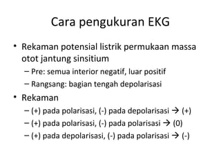Cara pengukuran EKG 
• Rekaman potensial listrik permukaan massa 
otot jantung sinsitium 
– Pre: semua interior negatif, luar positif 
– Rangsang: bagian tengah depolarisasi 
• Rekaman 
– (+) pada polarisasi, (-) pada depolarisasi  (+) 
– (+) pada polarisasi, (-) pada polarisasi  (0) 
– (+) pada depolarisasi, (-) pada polarisasi  (-) 
 