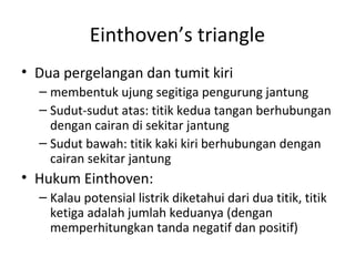 Einthoven’s triangle 
• Dua pergelangan dan tumit kiri 
– membentuk ujung segitiga pengurung jantung 
– Sudut-sudut atas: titik kedua tangan berhubungan 
dengan cairan di sekitar jantung 
– Sudut bawah: titik kaki kiri berhubungan dengan 
cairan sekitar jantung 
• Hukum Einthoven: 
– Kalau potensial listrik diketahui dari dua titik, titik 
ketiga adalah jumlah keduanya (dengan 
memperhitungkan tanda negatif dan positif) 
 