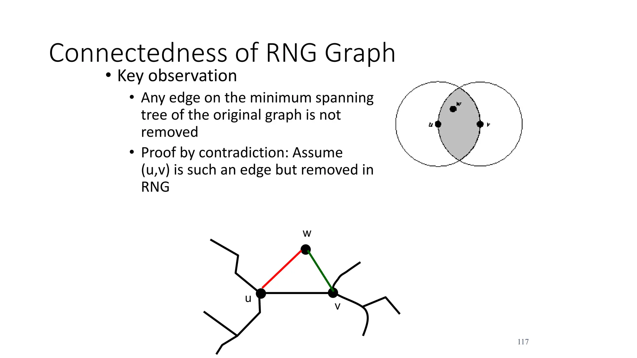 117
Connectedness of RNG Graph
• Key observation
• Any edge on the minimum spanning
tree of the original graph is not
removed
• Proof by contradiction: Assume
(u,v) is such an edge but removed in
RNG
u
v
w
 