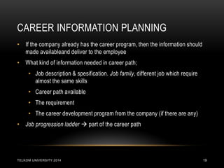 CAREER INFORMATION PLANNING 
TELKOM UNIVERSITY 2014 
19 
•If the company already has the career program, then the information should made availableand deliver to the employee 
•What kind of information needed in career path; 
•Job description & spesification. Job family, different job which require almost the same skills 
•Career path available 
•The requirement 
•The career development program from the company (if there are any) 
•Job progression ladder  part of the career path  