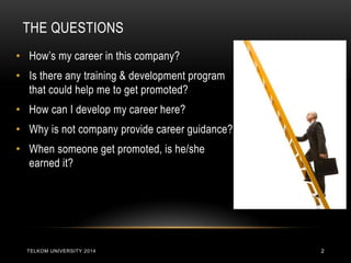 THE QUESTIONS 
TELKOM UNIVERSITY 2014 
2 
•How’s my career in this company? 
•Is there any training & development program that could help me to get promoted? 
•How can I develop my career here? 
•Why is not company provide career guidance? 
•When someone get promoted, is he/she earned it?  