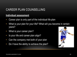CAREER PLAN COUNSELLING 
TELKOM UNIVERSITY 2014 
22 
Individual assessment 
•Career plan is only part of the individual life plan 
•What is your plan for your life? What will you become in certain years? 
•What is your career plan? 
•Is your life and career plan align? 
•Can the company met both of your plan 
•Do I have the ability to achieve the plan?  