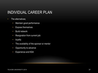 INDIVIDUAL CAREER PLAN 
TELKOM UNIVERSITY 2014 
27 
•The alternatives; 
•Maintain good performance 
•Expose themselves 
•Build network 
•Resignation from current job 
•loyalty 
•The availablity of the sponsor or mentor 
•Opportunity to advance 
•Experience and KSA  