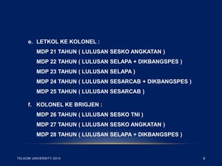 e. LETKOL KE KOLONEL : MDP 21 TAHUN ( LULUSAN SESKO ANGKATAN ) MDP 22 TAHUN ( LULUSAN SELAPA + DIKBANGSPES ) MDP 23 TAHUN ( LULUSAN SELAPA ) MDP 24 TAHUN ( LULUSAN SESARCAB + DIKBANGSPES ) MDP 25 TAHUN ( LULUSAN SESARCAB ) 
f. KOLONEL KE BRIGJEN : 
MDP 26 TAHUN ( LULUSAN SESKO TNI ) 
MDP 27 TAHUN ( LULUSAN SESKO ANGKATAN ) 
MDP 28 TAHUN ( LULUSAN SELAPA + DIKBANGSPES ) 
TELKOM UNIVERSITY 2014 
9  