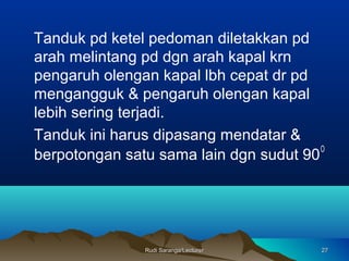 Rudi Saranga/LecturerRudi Saranga/Lecturer 2727
Tanduk pd ketel pedoman diletakkan pd
arah melintang pd dgn arah kapal krn
pengaruh olengan kapal lbh cepat dr pd
mengangguk & pengaruh olengan kapal
lebih sering terjadi.
Tanduk ini harus dipasang mendatar &
berpotongan satu sama lain dgn sudut 90
O
 