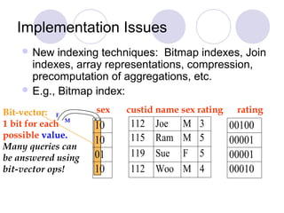 Implementation Issues
 New indexing techniques: Bitmap indexes, Join
indexes, array representations, compression,
precomputation of aggregations, etc.
 E.g., Bitmap index:
10
10
01
10
112 Joe M 3
115 Ram M 5
119 Sue F 5
112 Woo M 4
00100
00001
00001
00010
sex custid name sex rating ratingBit-vector:
1 bit for each
possible value.
Many queries can
be answered using
bit-vector ops!
M
F
 
