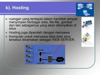 b). Hosting
 ruangan yang terdapat dalam harddisk tempat
menyimpan berbagai data, file-file, gambar
dan lain sebagainya yang akan ditampilkan di
situs
 Hosting juga diperoleh dengan menyewa
 Komputer untuk menyewa data-data situs
tersebut dinamakan sebagai WEB-SERVER.
 