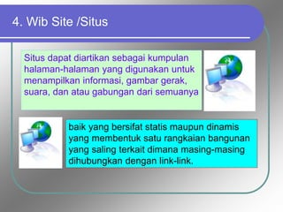 4. Wib Site /Situs
Situs dapat diartikan sebagai kumpulan
halaman-halaman yang digunakan untuk
menampilkan informasi, gambar gerak,
suara, dan atau gabungan dari semuanya
baik yang bersifat statis maupun dinamis
yang membentuk satu rangkaian bangunan
yang saling terkait dimana masing-masing
dihubungkan dengan link-link.
 