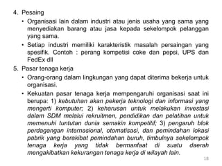 4. Pesaing
• Organisasi lain dalam industri atau jenis usaha yang sama yang
menyediakan barang atau jasa kepada sekelompok pelanggan
yang sama.
• Setiap industri memiliki karakteristik masalah persaingan yang
spesifik. Contoh : perang kompetisi coke dan pepsi, UPS dan
FedEx dll
5. Pasar tenaga kerja
• Orang-orang dalam lingkungan yang dapat diterima bekerja untuk
organisasi.
• Kekuatan pasar tenaga kerja mempengaruhi organisasi saat ini
berupa: 1) kebutuhan akan pekerja teknologi dan informasi yang
mengerti komputer; 2) keharusan untuk melakukan investasi
dalam SDM melalui rekruitmen, pendidikan dan pelatihan untuk
memenuhi tuntutan dunia semakin kompetitif; 3) pengaruh blok
perdagangan internasional, otomatisasi, dan pemindahan lokasi
pabrik yang berakibat pemindahan buruh, timbulnya sekelompok
tenaga kerja yang tidak bermanfaat di suatu daerah
mengakibatkan kekurangan tenaga kerja di wilayah lain.
18
 