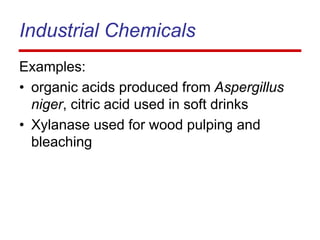 Industrial Chemicals
Examples:
• organic acids produced from Aspergillus
niger, citric acid used in soft drinks
• Xylanase used for wood pulping and
bleaching
 