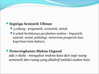 Segitiga Semiotik Ullman
3 cabang - pragmatik, semantik, sintak
6 sebab berlakunya perubahan makna - linguistik,
sejarah, sosial, psikologi, menerima pengaruh luar,
keperluan kata baharu.
Pemeringkatan Makna Osgood
ada 7 skala - mengukur makna kata dari segi ruang
semantik dan ruang yang ditakrif melalui soalan kuiz
 