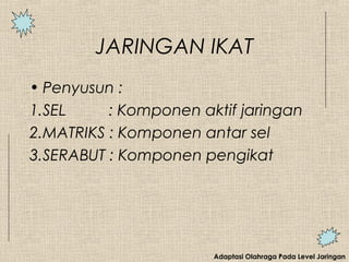 Adaptasi Olahraga Pada Level Jaringan
JARINGAN IKAT
• Penyusun :
1.SEL : Komponen aktif jaringan
2.MATRIKS : Komponen antar sel
3.SERABUT : Komponen pengikat
 