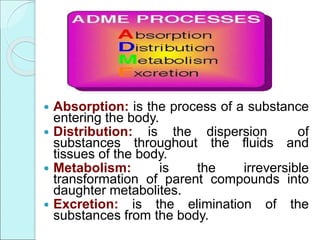  Absorption: is the process of a substance
entering the body.
 Distribution: is the dispersion of
substances throughout the fluids and
tissues of the body.
 Metabolism: is the irreversible
transformation of parent compounds into
daughter metabolites.
 Excretion: is the elimination of the
substances from the body.
 