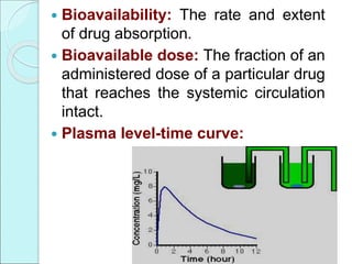  Bioavailability: The rate and extent
of drug absorption.
 Bioavailable dose: The fraction of an
administered dose of a particular drug
that reaches the systemic circulation
intact.
 Plasma level-time curve:
 
