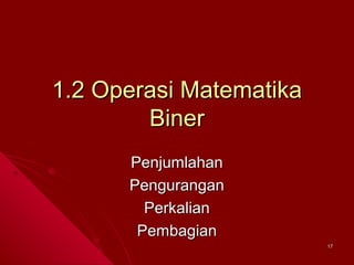 1.2 Operasi Matematika
Biner
Penjumlahan
Pengurangan
Perkalian
Pembagian
17

 