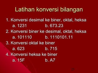 Latihan konversi bilangan
1. Konversi desimal ke biner, oktal, heksa
a. 1231
b. 673.23
2. Konversi biner ke desimal, oktal, heksa
a. 101110
b. 1110101.11
3. Konversi oktal ke biner
a. 623
b. 715
4. Konversi heksa ke biner
a. 15F
b. A7
23

 