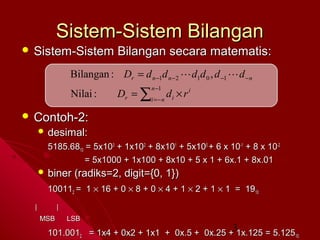 Sistem-Sistem Bilangan
 Sistem-Sistem

Bilangan secara matematis:

Bilangan : Dr = d n −1d n − 2  d1d 0 , d −1  d − n
Nilai :

Dr = ∑i = − n d i × r i
n −1

 Contoh-2:
 desimal:

5185.6810 = 5x103 + 1x102 + 8x101 + 5x100 + 6 x 10-1 + 8 x 10-2
= 5x1000 + 1x100 + 8x10 + 5 x 1 + 6x.1 + 8x.01
 biner

(radiks=2, digit={0, 1})

100112 = 1 × 16 + 0 × 8 + 0 × 4 + 1 × 2 + 1 × 1 = 1910
|

|
MSB

LSB

3

101.0012 = 1x4 + 0x2 + 1x1 + 0x.5 + 0x.25 + 1x.125 = 5.12510

 