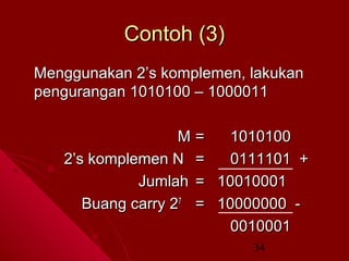 Contoh (3)
Menggunakan 2’s komplemen, lakukan
pengurangan 1010100 – 1000011
M=
1010100
2’s komplemen N =
0111101 +
Jumlah = 10010001
Buang carry 27 = 10000000 0010001
34

 