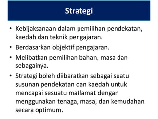 Strategi
• Kebijaksanaan dalam pemilihan pendekatan,
kaedah dan teknik pengajaran.
• Berdasarkan objektif pengajaran.
• Melibatkan pemilihan bahan, masa dan
sebagainya.
• Strategi boleh diibaratkan sebagai suatu
susunan pendekatan dan kaedah untuk
mencapai sesuatu matlamat dengan
menggunakan tenaga, masa, dan kemudahan
secara optimum.

 