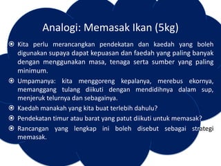 Analogi: Memasak Ikan (5kg)
 Kita perlu merancangkan pendekatan dan kaedah yang boleh
digunakan supaya dapat kepuasan dan faedah yang paling banyak
dengan menggunakan masa, tenaga serta sumber yang paling
minimum.
 Umpamanya: kita menggoreng kepalanya, merebus ekornya,
memanggang tulang diikuti dengan mendidihnya dalam sup,
menjeruk telurnya dan sebagainya.
 Kaedah manakah yang kita buat terlebih dahulu?
 Pendekatan timur atau barat yang patut diikuti untuk memasak?
 Rancangan yang lengkap ini boleh disebut sebagai strategi
memasak.

 
