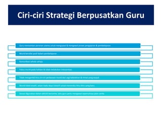 Ciri-ciri Strategi Berpusatkan Guru

Guru memainkan peranan utama untuk menguasai & mengawal proses pengajaran & pembelajaran.
Murid bersifat pasif dalam pembelajaran.
Komunikasi sehala sahaja.
Fokus murid pada hafalan & tidak melakukan interpretasi.
Tidak mengambil kira ciri-ciri perbezaan murid dari segi kebolehan & minat yang wujud.
Murid tidak kreatif, selain tiada daya inisiatif untuk meneroka ilmu-ilmu yang baru.
Sesuai digunakan dalam aktiviti bercerita, iaitu guru perlu mengawal sepenuhnya jalan cerita

 