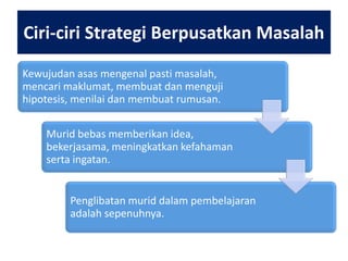 Ciri-ciri Strategi Berpusatkan Masalah
Kewujudan asas mengenal pasti masalah,
mencari maklumat, membuat dan menguji
hipotesis, menilai dan membuat rumusan.
Murid bebas memberikan idea,
bekerjasama, meningkatkan kefahaman
serta ingatan.
Penglibatan murid dalam pembelajaran
adalah sepenuhnya.

 