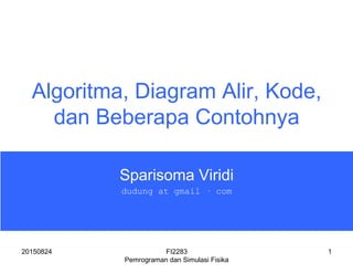 20150824 FI2283
Pemrograman dan Simulasi Fisika
1
Algoritma, Diagram Alir, Kode,
dan Beberapa Contohnya
Sparisoma Viridi
dudung at gmail — com
 