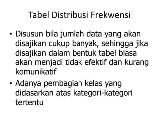 Tabel Distribusi Frekwensi
• Disusun bila jumlah data yang akan
disajikan cukup banyak, sehingga jika
disajikan dalam bentuk tabel biasa
akan menjadi tidak efektif dan kurang
komunikatif
• Adanya pembagian kelas yang
didasarkan atas kategori-kategori
tertentu
 
