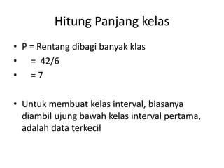 Hitung Panjang kelas
• P = Rentang dibagi banyak klas
• = 42/6
• = 7
• Untuk membuat kelas interval, biasanya
diambil ujung bawah kelas interval pertama,
adalah data terkecil
 