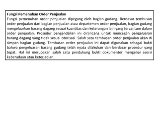 Fungsi Pemenuhan Order Penjualan
Fungsi pemenuhan order penjualan dipegang oleh bagian gudang. Berdasar tembusan
order penjualan dari bagian penjualan atau departemen order penjualan, bagian gudang
mengeluarkan barang dagang sesuai kuantitas dan keterangan lain yang tercantum dalam
order penjualan. Prosedur pengendalian ini dirancang untuk mencegah pengeluaran
barang dagang yang tidak sesuai otorisasi. Salah satu tembusan order penjualan akan di
simpan bagian gudang. Tembusan order penjualan ini dapat digunakan sebagai bukti
bahwa pengeluaran barang gudang telah nyata dilakukan dan berdasar prosedur yang
tepat. Hal ini merupakan salah satu pendukung bukti dokumenter mengenai asersi
keberadaan atau keterjadian.
 