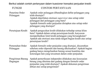 Berikut adalah contoh pertanyaan dalam kuesioner transaksi penjualan kredit:
  FUNGSI                        CONTOH PERTANYAAN
Penerima Order       Apakah order pelanggan dibandingkan daftar pelanggan yang
Pelanggan            telah disetujui?
                     Apakah diperlukan otorisasi supervisor atas setiap order
                     pelanggan dari pelanggan yang baru?
                     Apakah formulir order penjualan disiapkan atas setiap order
                     pelanggan yang disetujui?
Persetujuan Kredit   Apakah pengecekan kredit dilakukan terhadap semua klien
                     baru? Apakah dalam setiap persetujuan kredit, karyawan
                     memperhatikan limit kredit pelanggan yang bersangkutan?
                     Apakah ada otorisasi atau tanda tangan bagian kredit atas setiap
                     persetujuan kredit?
Pemenuhan Order      Apakah formulir order penjualan yang disetujui, disyaratkan
Pelanggan            sebelum order dipenuhi dan barang dikeluarkan? Apakah bagian
                     gudang hanya mengeluarkan barang sesuai kuantitas dan
                     keterangan lain yang tercantum dalam order penjualan.

Pengiriman Barang Apakah pemeriksaan independen dilakukan atas kesesuaian
Dagangan          barang yang diterima dari gudang dengan formulir order
                  penjualan yang telah disetujui? Apakah dokumen pengiriman
                  dibuat atas setiap pengiriman?
 