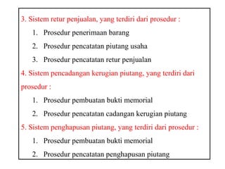 3. Sistem retur penjualan, yang terdiri dari prosedur :
   1. Prosedur penerimaan barang
   2. Prosedur pencatatan piutang usaha
   3. Prosedur pencatatan retur penjualan
4. Sistem pencadangan kerugian piutang, yang terdiri dari
prosedur :
   1. Prosedur pembuatan bukti memorial
   2. Prosedur pencatatan cadangan kerugian piutang
5. Sistem penghapusan piutang, yang terdiri dari prosedur :
   1. Prosedur pembuatan bukti memorial
   2. Prosedur pencatatan penghapusan piutang
 